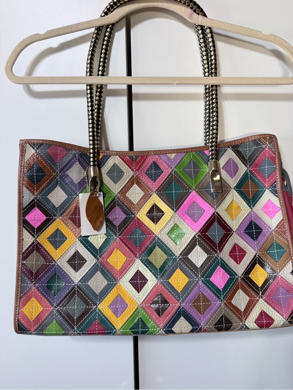 Multicolor Diamond Patchwork Leather Tote Bag
